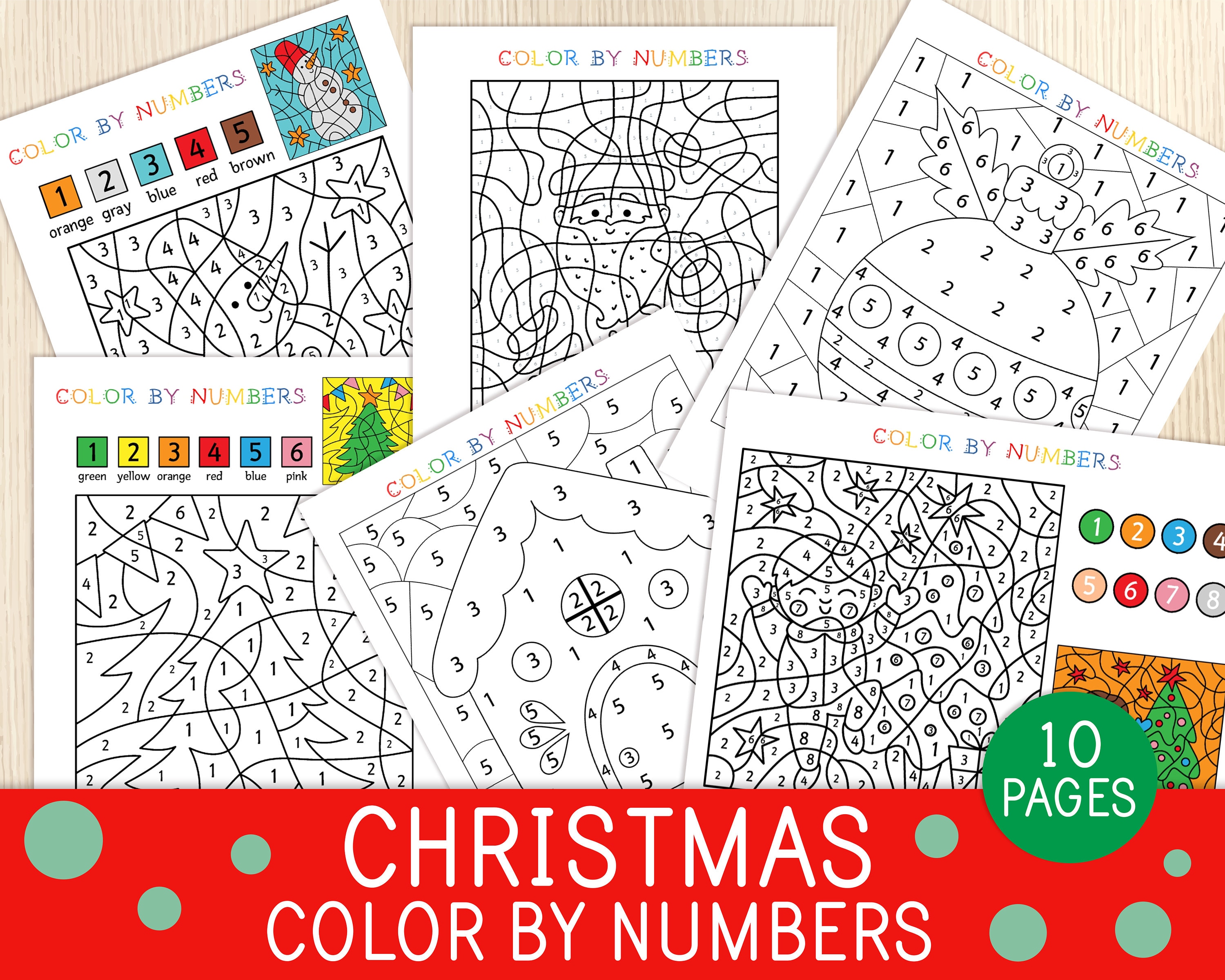 Christmas Coloring Pages, 10 Color by Numbers Worksheets, Preschool,  Kindergarten, Holiday Activity, Christmas Busy Book Pages, No Prep 