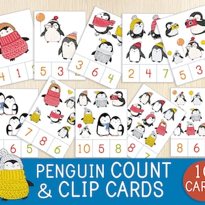 Op de afbeelding: Tien printbare pinguïn telkaarten met clip. Elke kaart heeft een ander aantal pinguïns die kleurrijke truien, hoeden en accessoires dragen. De kaarten zijn ontworpen voor gebruik met wasknijpers of andere manipulatiematerialen.