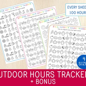 Outdoor Hours Trackers, Four Seasons Outdoor Time Trackers, Ourdoor Hours Challenge, Seasonal, Play Outside, Coloring Pages,Writing Practice