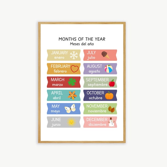 Months of the Year Poster in English & Spanish, Bilingual Printable Poster, Classroom and Home Decor, Wall Art, Spanish Vocabulary, Centers