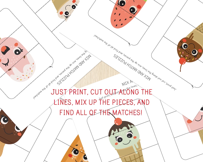 May include: A printable set of mix and match puzzles featuring ice cream cones, popsicles, and strawberries. The puzzles are designed to be cut out along the lines, mixed up, and then matched back together.