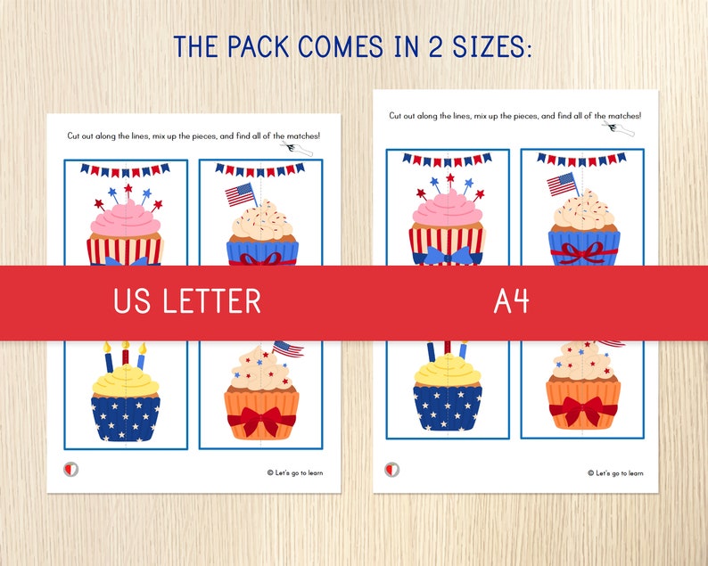 May include: Two printable pages of a matching game featuring cupcakes decorated with red, white, and blue patriotic colors. The game is available in two sizes: US Letter and A4. The text "Cut out along the lines, mix up the pieces, and find all of the matches!" is printed at the top of each page.