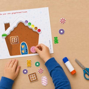 Gingerbread House Decorating Activity, Christmas Game, Paper Craft for Kids, Preschool, Kindergarten, Busy Book Page, Scissor Practice image 3