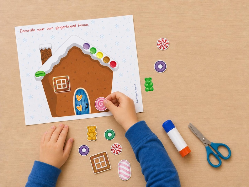 Gingerbread House Decorating Activity, Christmas Game, Paper Craft for Kids, Preschool, Kindergarten, Busy Book Page, Scissor Practice image 3