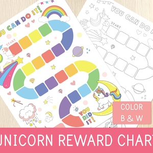 May include: A printable unicorn reward chart with a colorful game board and a black and white version. The game board features a unicorn, rainbow, stars, and a moon. The text "You Can Do It!" is at the top of the chart.