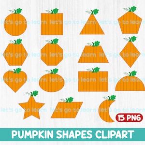 May include: A collection of orange pumpkin shapes in various geometric forms, including circles, squares, triangles, and stars. Each pumpkin has a green stem and vine. The phrase "PUMPKIN SHAPES CLIPART" is at the bottom.