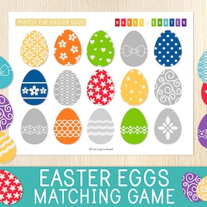 Puede incluir: Un juego de emparejar con temática de Pascua con huevos decorados. El juego presenta huevos con varios diseños, incluyendo flores, lazos y lunares. El texto "MATCH THE EASTER EGGS" y "EASTER EGGS MATCHING GAME" es visible.