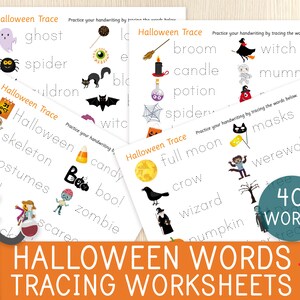 Halloween Words Tracing Worksheets, Halloween Vocabulary, Writing Practice, Handwriting Pages, Toddler, Preschool, Kindergarten, First Grade