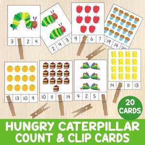 Tarjetas de clip y conteo de oruga hambrienta, números del 1 al 20, actividad de conteo, juego de matemáticas preescolar, bolsas ocupadas, Eric Carle, centros, imprimible