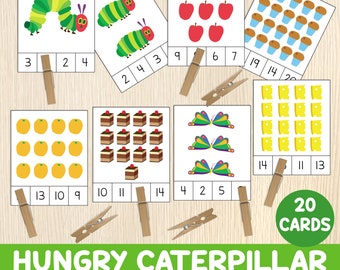 Hungry Caterpillar Count and Clip Cards, Numbers 1 To 20, Counting Activity, Preschool Math Game, Busy Bags, Eric Carle, Centers, Printable