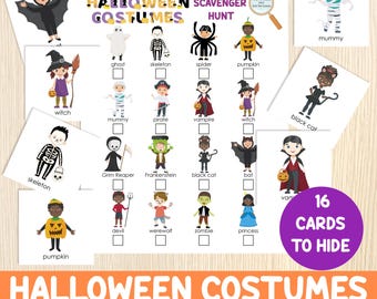 May include: A Halloween-themed scavenger hunt game with illustrated costume cards. The game includes a checklist with images of costumes like a witch, vampire, and pumpkin. A purple circle reads "16 CARDS TO HIDE". The text "HALLOWEEN COSTUMES SCAVENGER HUNT" is at the bottom.