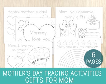 Mother's Day Tracing Activities, Trace & Color Worksheets, Greeting Cards, Gifts for Moms, Preschool Activity, Kindergarten, Love for Mom