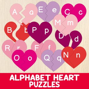 Rompecabezas con letras del alfabeto en forma de corazón - Juego de San Valentín - Actividad de emparejamiento de San Valentín - Imprimible para preescolar - Reconocimiento de letras - Centros de alfabetización