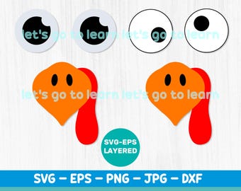 May include: A digital design featuring two versions of a turkey. The turkey has an orange head, a red wattle, and black eyes. The text "let's go to learn" is overlaid on the image. The design includes SVG, EPS, PNG, JPG, and DXF formats.