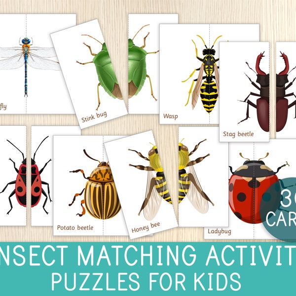 Insect-matching-activiteit, 30 insectenpuzzels, symmetrie, kinderpuzzels, peuter- en kleuterspel, drukboek, drukke tassen, Montessori-stijl