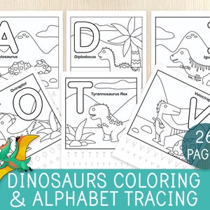 Hojas de trabajo para colorear y trazar letras del alfabeto de la A a la Z sobre dinosaurios, práctica de escritura a mano, preescolar, jardín de infantes, libro de actividades sobre dinosaurios, paquete de aprendizaje