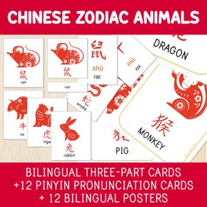 Animais do Zodíaco Chinês - Mandarim Chinês e Inglês - Bilíngue, Cartões de Três Partes, Flashcards, Pinyin, Cartazes - Ano Novo Lunar - Montessori