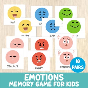 Puede incluir: Un juego de memoria para niños con 18 pares de tarjetas de emociones. Cada tarjeta presenta una emoción diferente, como feliz, triste o enfadado, con una cara colorida y el nombre de la emoción. El juego está diseñado para ayudar a los niños a aprender e identificar sentimientos.