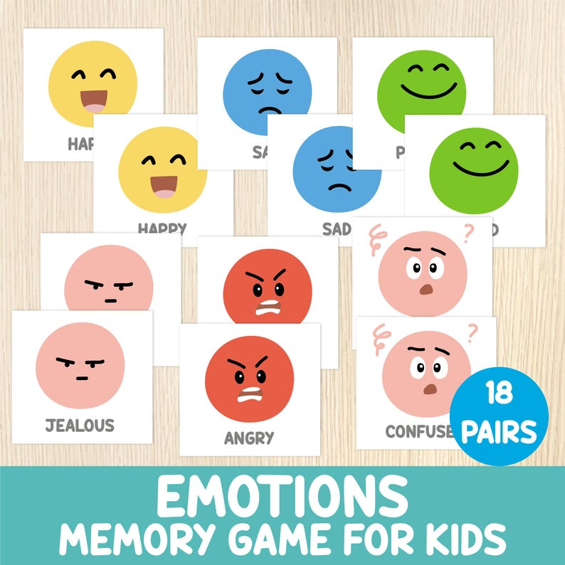 Emotions Memory Game for Kids - Feelings Flashcards Matching Activity ...