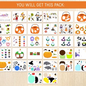 K&ouml;nnte beinhalten: Eine Sammlung von Halloween-Aktivit&auml;tskarten. Die Karten zeigen verschiedene Illustrationen von K&uuml;rbissen, Monstern, Hexen und anderen gruseligen Figuren. Der Text "YOU WILL GET THIS PACK:" ist oben zu sehen. Die Karten sind f&uuml;r Kinderaktivit&auml;ten konzipiert.