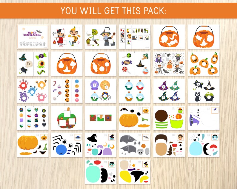 K&ouml;nnte beinhalten: Eine Sammlung von Halloween-Aktivit&auml;tskarten. Die Karten zeigen verschiedene Illustrationen von K&uuml;rbissen, Monstern, Hexen und anderen gruseligen Figuren. Der Text "YOU WILL GET THIS PACK:" ist oben zu sehen. Die Karten sind f&uuml;r Kinderaktivit&auml;ten konzipiert.