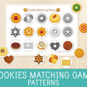 Jeu d&#39;association de biscuits, correspondance de motifs, page de livre chargée, préscolaire, école à la maison, temps calme pour les tout-petits, activité d&#39;association, éducation à imprimer