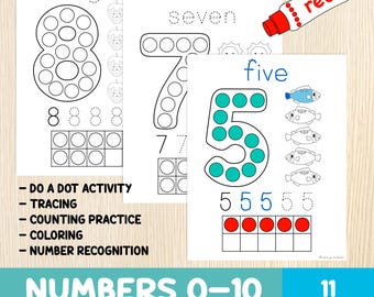 May include: Three worksheets with numbers 5, 7, and 8, featuring dot-to-dot activities, tracing, and counting practice. A red marker with the word "red" is in the upper right corner. The text "Numbers 0-10 Do a Dot Worksheets" is at the bottom.