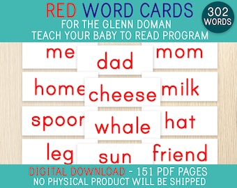 Red Word Cards, Glenn Doman Teach Your Baby to Read Program, 302 Single Word Cards,Reading Cards,Doman Method,Special Needs,Baby Stimulation
