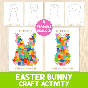 Könnte beinhalten: Vier druckbare Osterhasen-Bastelvorlagen. Jedes Blatt zeigt eine Hasenkontur mit dem Text "Some Bunny Loves You To Pieces!" und einen bunten Hasen, der mit bunten Quadraten gefüllt ist.