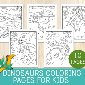 Op de afbeelding: Zwart-witte kleurplaten met dinosaurussen. De pagina's bevatten verschillende dinosaurussen, waaronder een stegosaurus, een triceratops, een pterodactylus en een brachiosaurus. De pagina's zijn perfect voor kinderen die van dinosaurussen en kleuren houden.