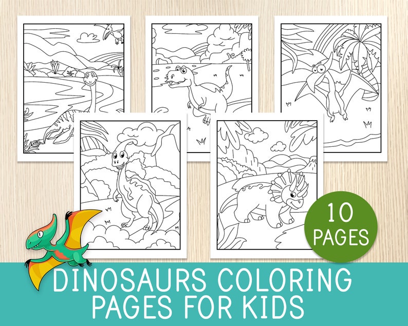 Op de afbeelding: Zwart-witte kleurplaten met dinosaurussen. De pagina's bevatten verschillende dinosaurussen, waaronder een stegosaurus, een triceratops, een pterodactylus en een brachiosaurus. De pagina's zijn perfect voor kinderen die van dinosaurussen en kleuren houden.