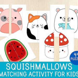 May include: A set of 44 printable, cut-and-paste matching activity cards featuring cute cartoon animals, including a pig, cat, bear, and mushroom. The cards are designed for kids and are perfect for developing fine motor skills and matching abilities.