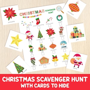 Caça ao tesouro de Natal com cartas para esconder, Caça ao tesouro em ambientes internos e externos, Jogo para imprimir para crianças, Jogo para a família nas férias, Festa de Natal