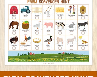 May include: A colorful farm scavenger hunt game with illustrations of farm animals and objects. Includes a barn, tractor, horse, pig, cow, and more. The title "FARM SCAVENGER HUNT" is displayed at the top and bottom of the image.