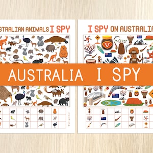 オーストラリアの I Spy 印刷可能なゲーム、オーストラリアの動物、パーティー ゲーム、子供向けアクティビティ、幼稚園、探し物、数えゲーム、オーストラリアの日