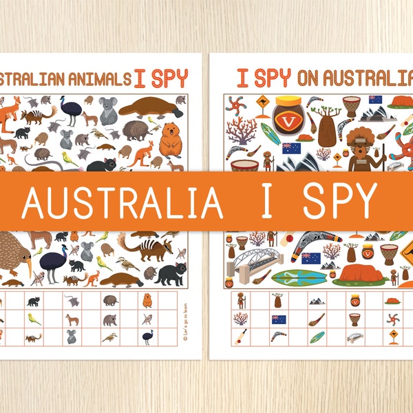 Australia I Spy Printable Games, Australian Animals, Party Game, Activity for Kids, Preschool, Look and Find, Counting Game, Australian Day