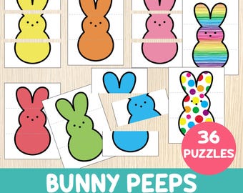 May include: A set of 36 printable Easter matching game cards featuring bunny-shaped Peeps in various colors, including yellow, orange, pink, blue, green, rainbow, and polka dot patterns.