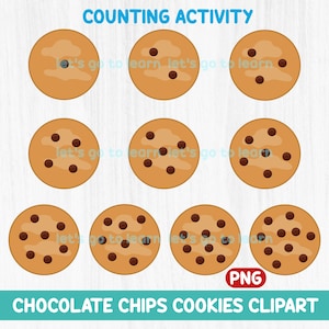 Puede incluir: Actividad de conteo con nueve galletas de chocolate, cada una con un número diferente de chispas de chocolate. Las galletas son marrones con un contorno marrón claro y las chispas de chocolate son marrón oscuro.
