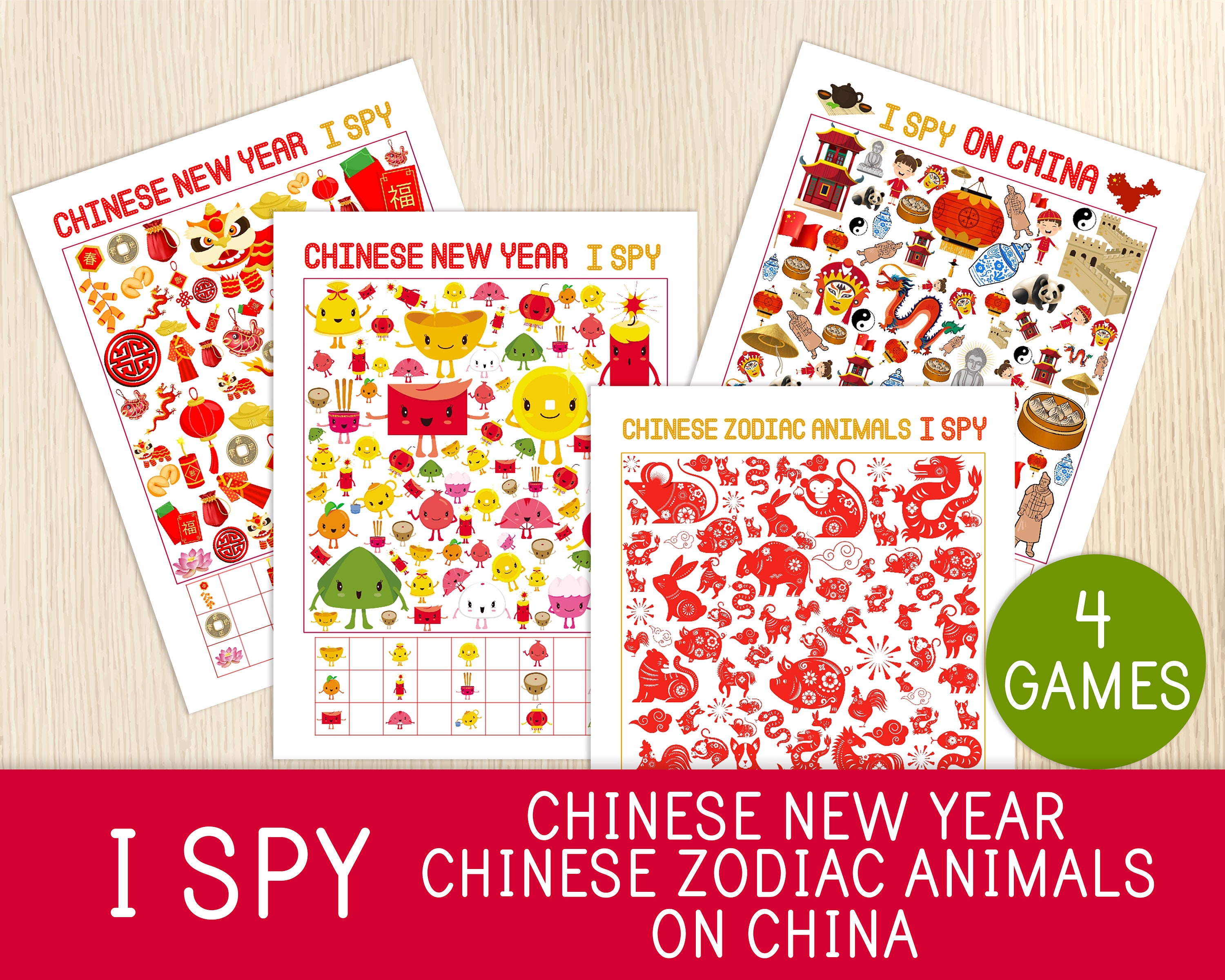 Chinese New Year I Spy Games - Chinese Zodiac Animals - Lunar New Year, China, Look & Find, Counting Game, Party Game, Activity for Kids