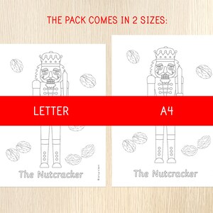 May include: A black and white outline illustration of a Nutcracker holding a stick. The illustration is available in two sizes: Letter and A4. The text "The Nutcracker" is below the illustration.