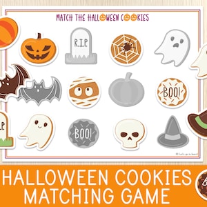 May include: A Halloween cookies matching game sheet featuring illustrations of pumpkins, ghosts, bats, tombstones with R.I.P., a spider web, a mummy, a skull, a witch hat, and cookies with the text BOO. The title reads MATCH THE HALLOWEEN COOKIES.