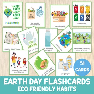 Earth Day Flashcards, Eco-vriendelijke gewoonten, Kleuterschool, Kleuterschool, Centra, 22 april, Milieu, Ecologie, Ga groen, Afdrukbare kaarten