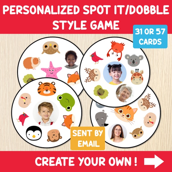 Personalisierte Finde es Stil Spiel, Dobble oder suche es, erstellen Sie Ihr druckbares Kartenspiel, Familie oder Schule, Partyaktivität, personalisiertes Geschenk