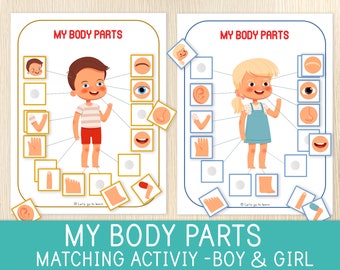 Body Parts Matching Activity, Human Body, Toddler and Preschool Activity, Worksheets for Kids, Busy Book, Busy Binder, Learning Activity