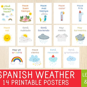 Weather Spanish Vocabulary Posters, 14 Printable Charts, Home & Classroom Decor, Spanish Classroom, Homeschool, Educational Printable