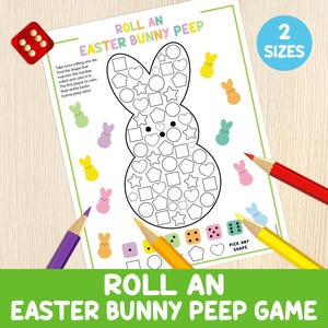 May include: A printable Easter game featuring a bunny-shaped peep with various shapes inside. Players roll a die and color the corresponding shape on the bunny. The first player to color the entire bunny wins. The game includes instructions and a die.