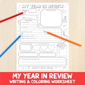 Year in Review For Kids - New Year's Eve Activity - End of Year Questionnaire - Year Memory Worksheet -Writing & Coloring - Year At Glance image 1