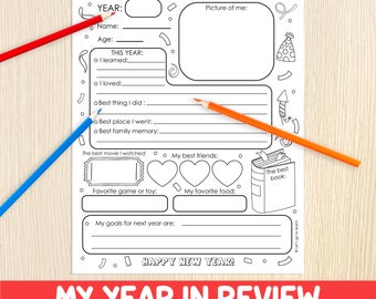 Year in Review For Kids - New Year's Eve Activity - End of Year Questionnaire - Year Memory Worksheet -Writing & Coloring - Year At Glance