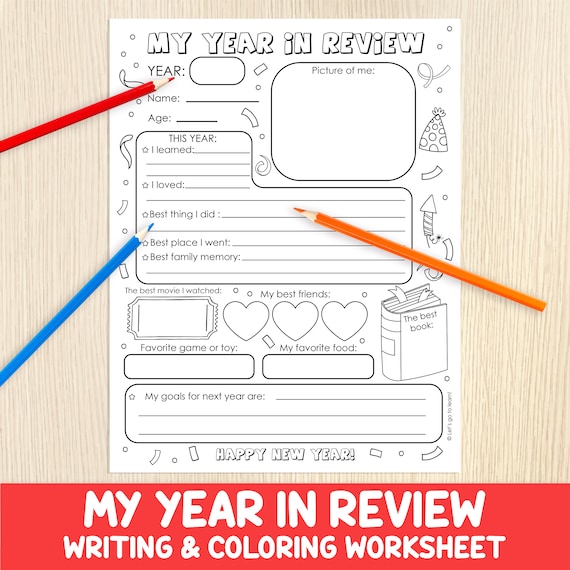 Year in Review For Kids - New Year's Eve Activity - End of Year Questionnaire - Year Memory Worksheet -Writing & Coloring - Year At Glance
