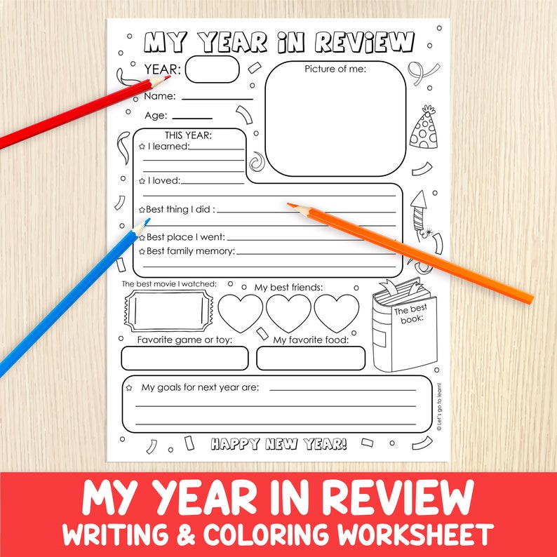 Year in Review For Kids - New Year's Eve Activity - End of Year Questionnaire - Year Memory Worksheet -Writing & Coloring - Year At Glance image 1